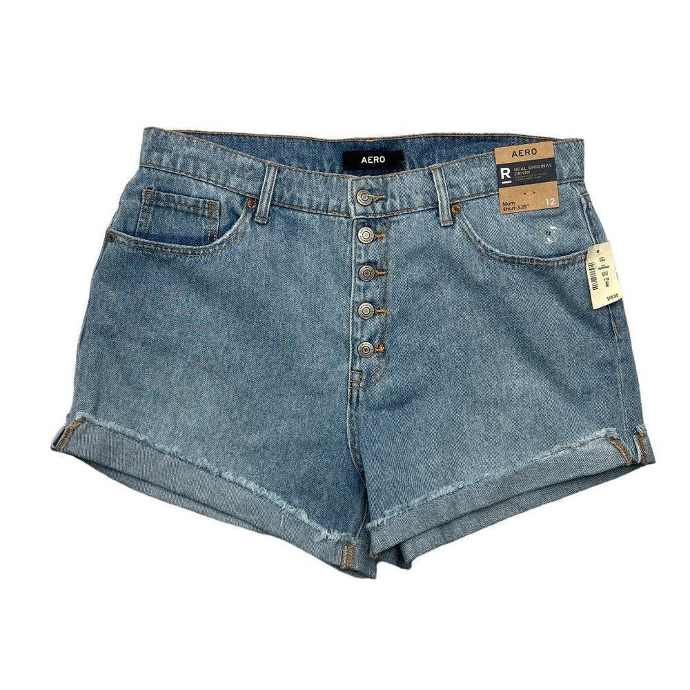 AERO Jean Shorts Women's Size 12 Blue 3.25" Denim Button Fly Mom Denim Shorts